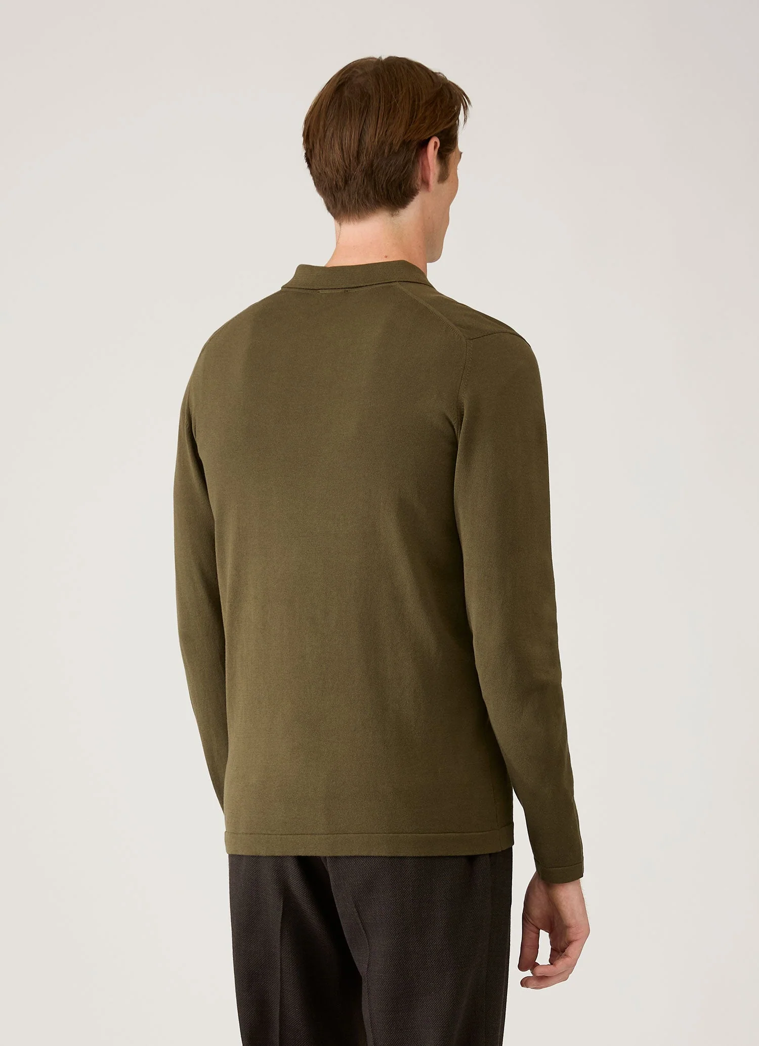 Men's Long Sleeve Sea Island Cotton Knit Polo Shirt in Deep Olive - Image 5