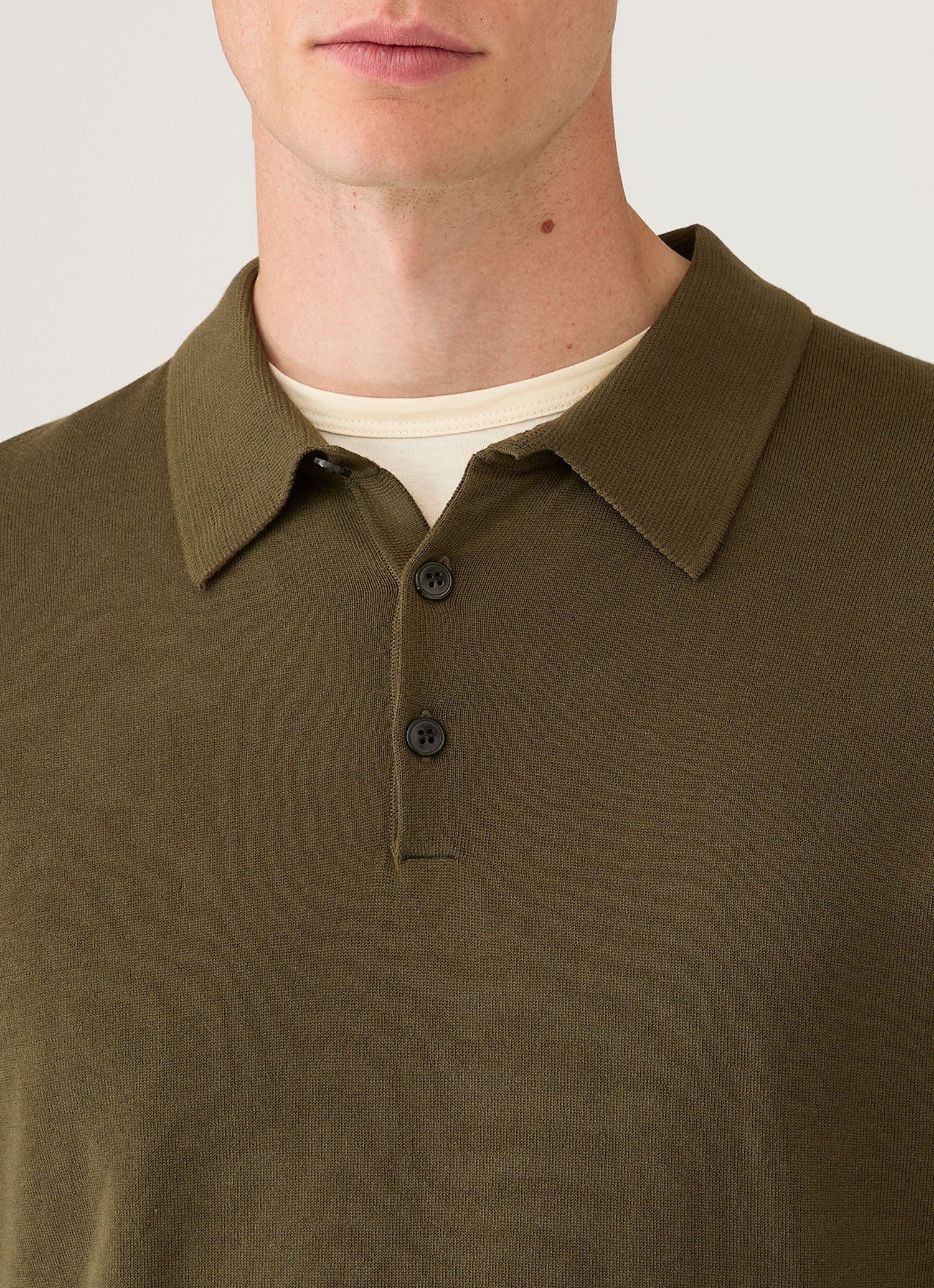 Men's Long Sleeve Sea Island Cotton Knit Polo Shirt in Deep Olive - Image 6
