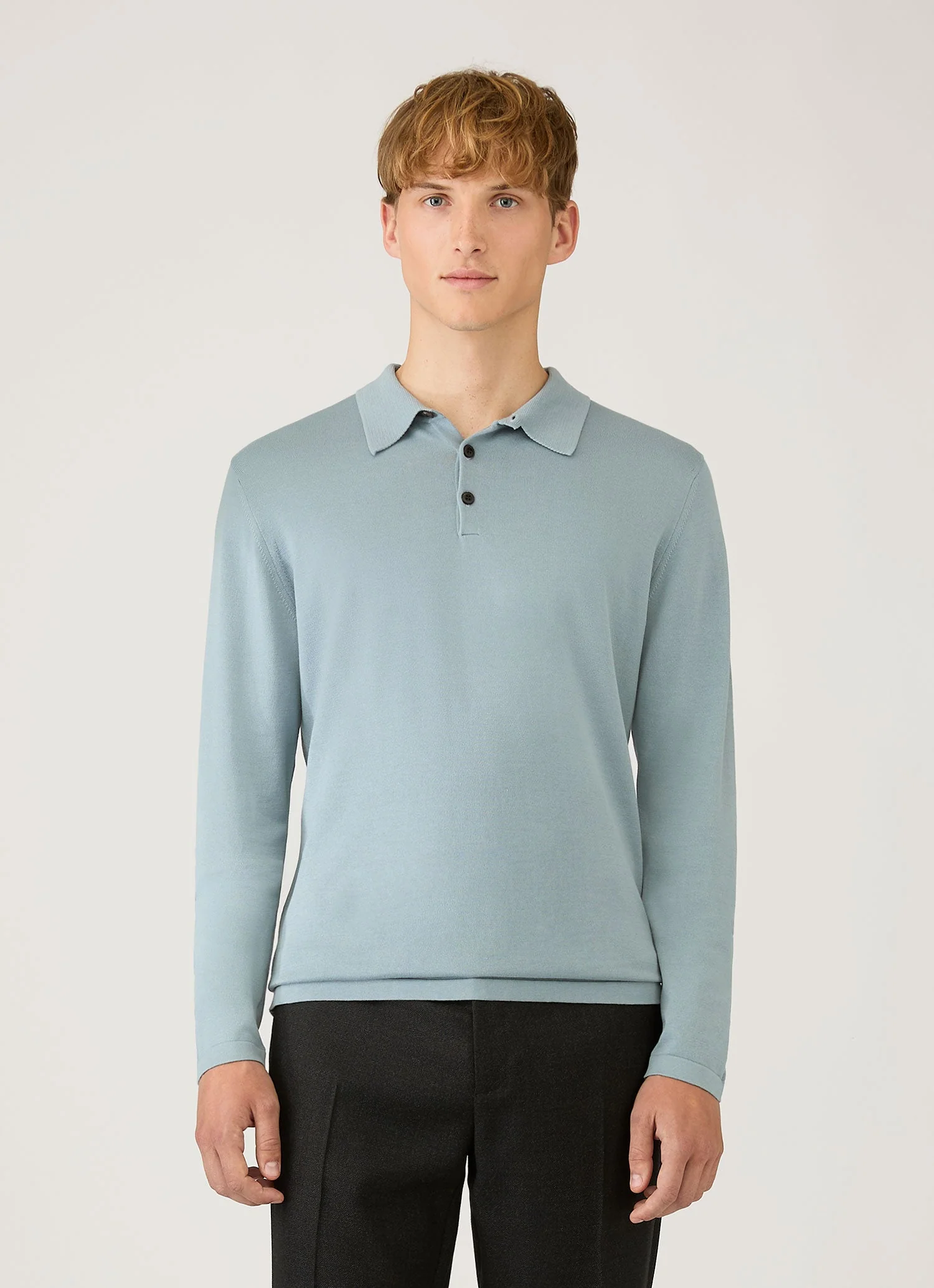 Men's Long Sleeve Sea Island Cotton Knit Polo Shirt in Stone Blue - Image 2