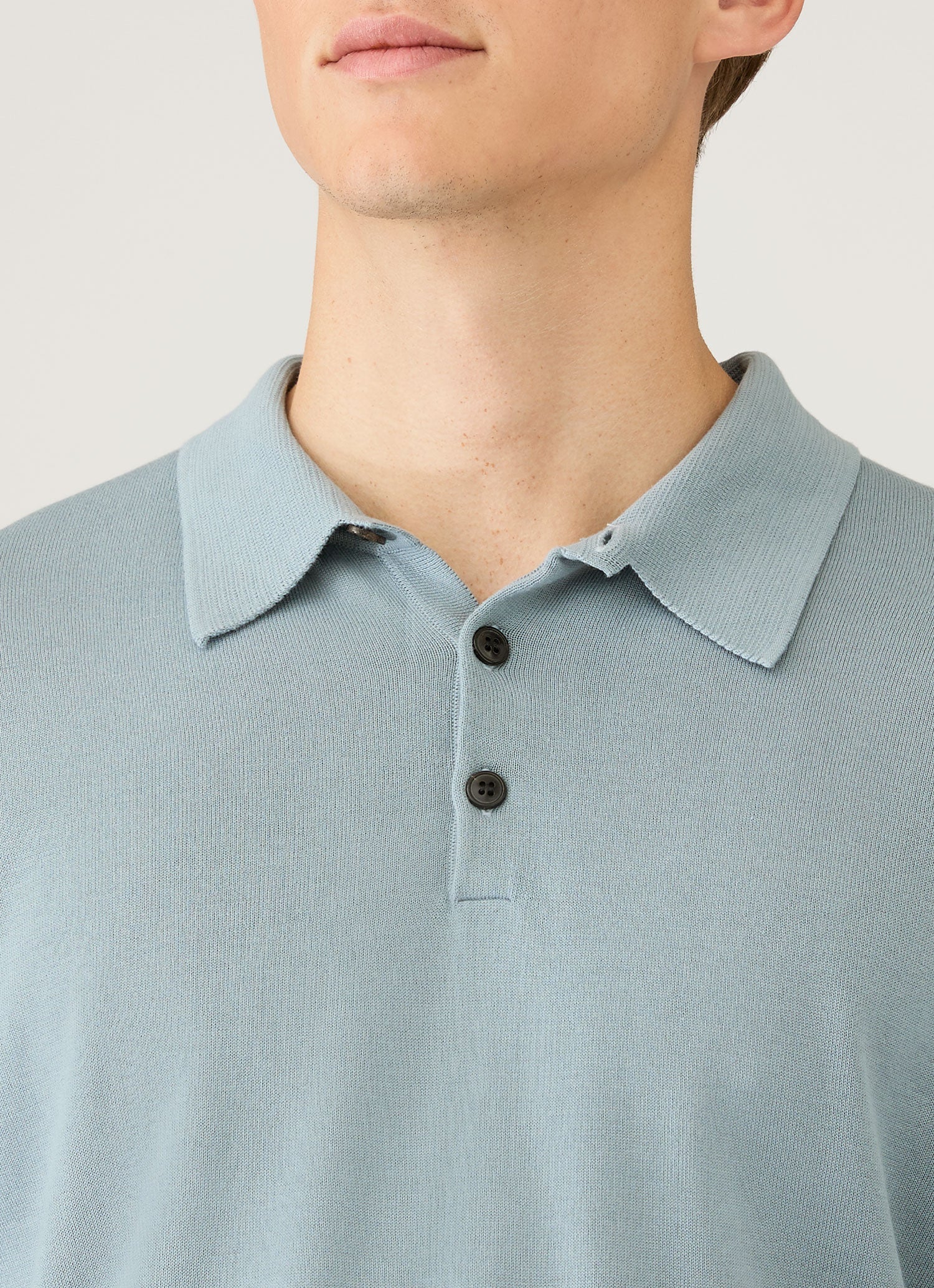 Men's Long Sleeve Sea Island Cotton Knit Polo Shirt in Stone Blue - Image 6