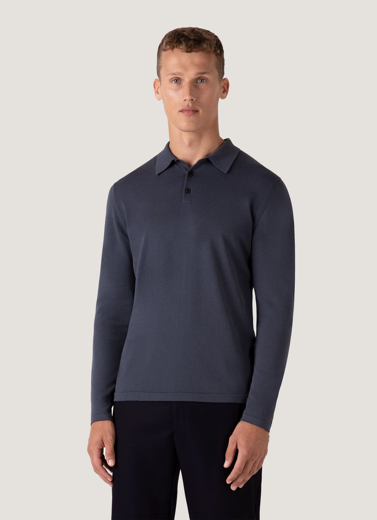 Men's Long Sleeve Sea Island Cotton Knit Polo Shirt in Slate Blue - Image 2