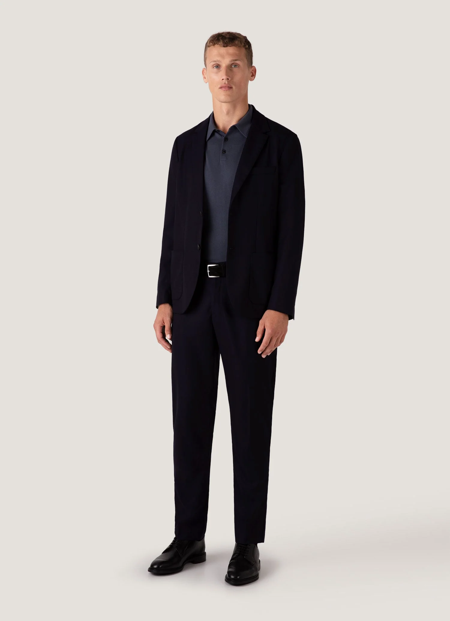 Men's Long Sleeve Sea Island Cotton Knit Polo Shirt in Slate Blue - Image 3