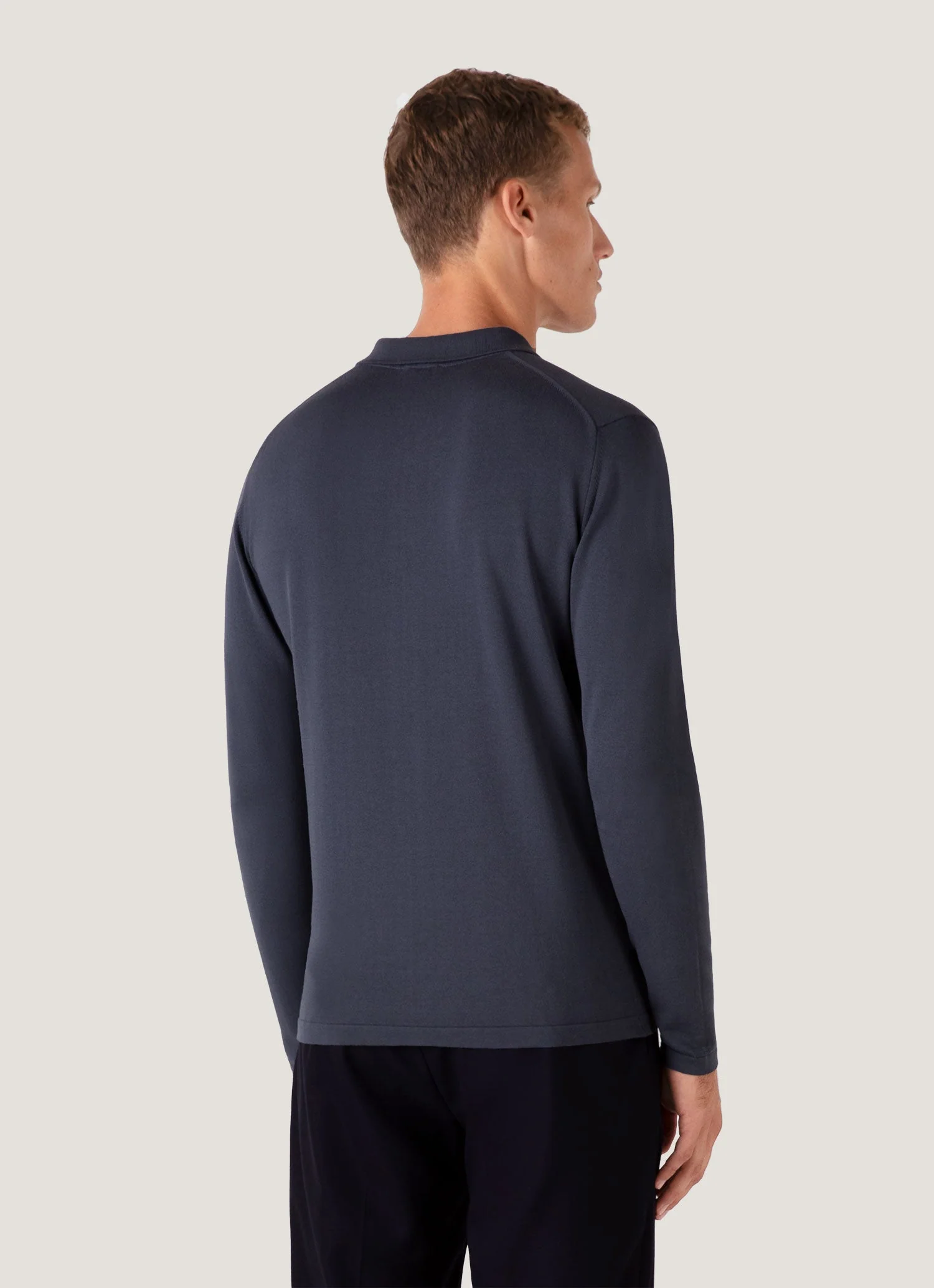 Men's Long Sleeve Sea Island Cotton Knit Polo Shirt in Slate Blue - Image 5