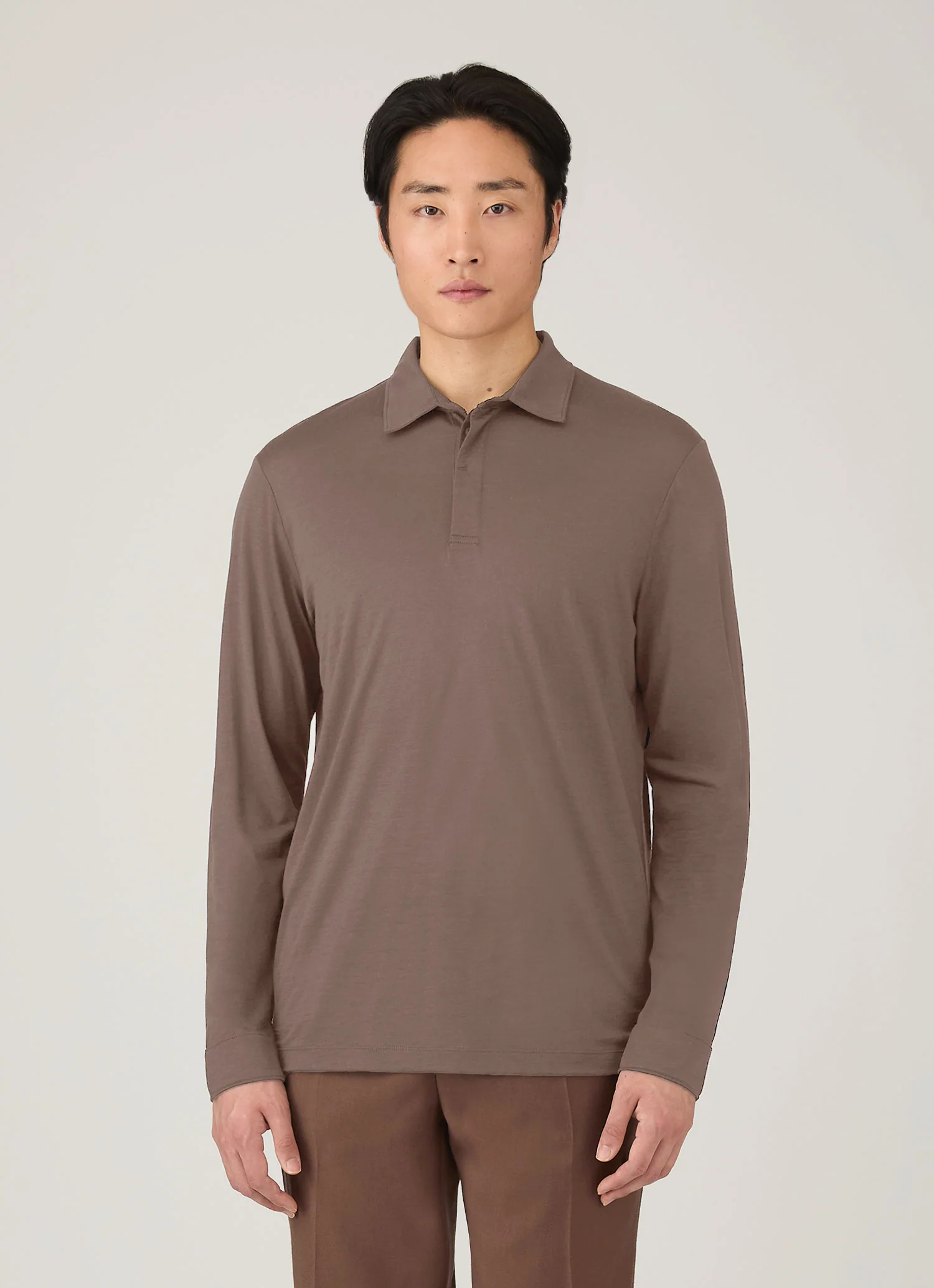 Men's Long Sleeve Ultra-Fine Merino Polo Shirt in Sandstone - Image 2