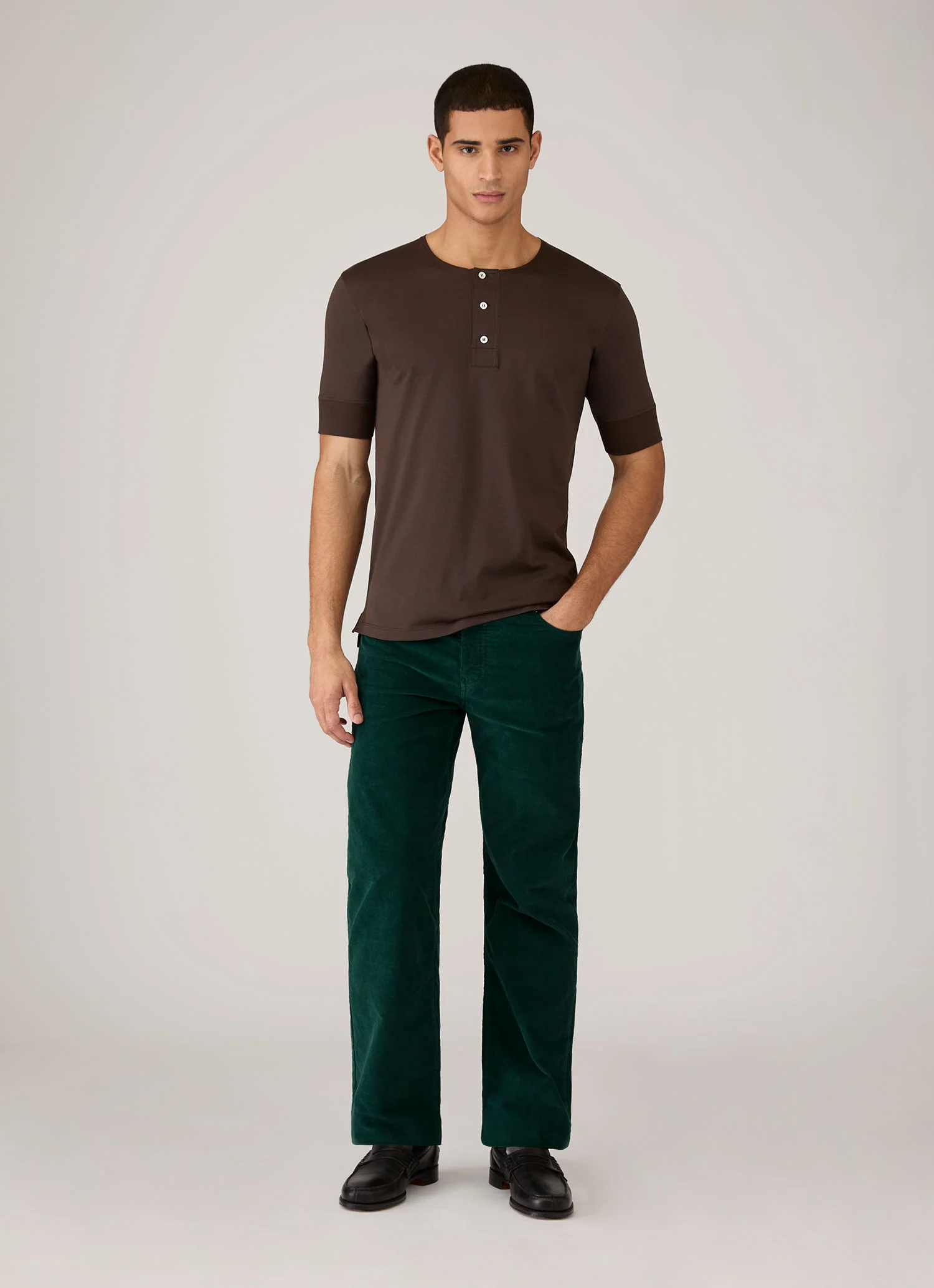 Men's Sunspel x Paul Weller Henley in Dark Brown - Image 3