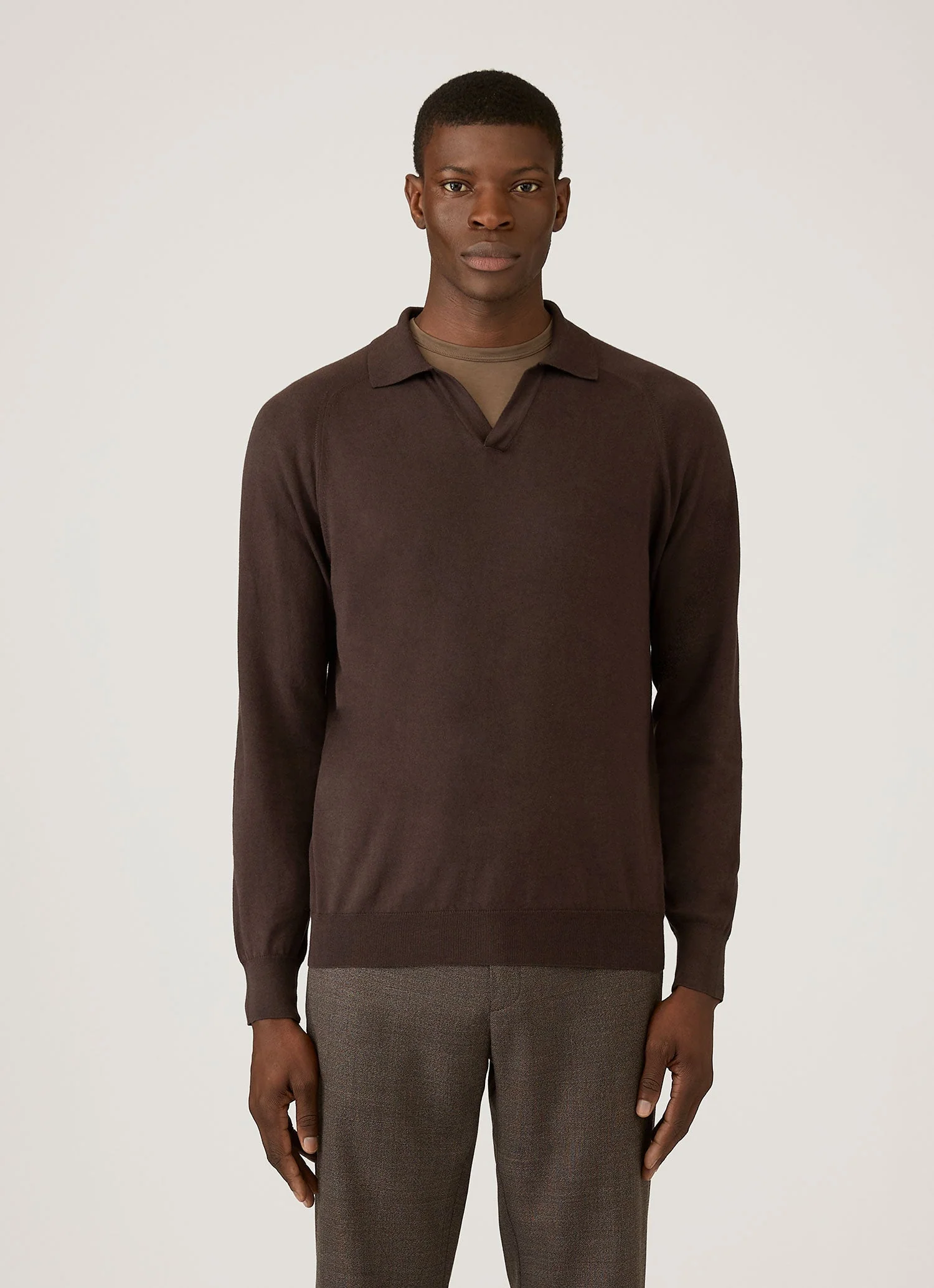 Men's Sea Island Cashmere Knitted Polo in Dark Chocolate - Image 2