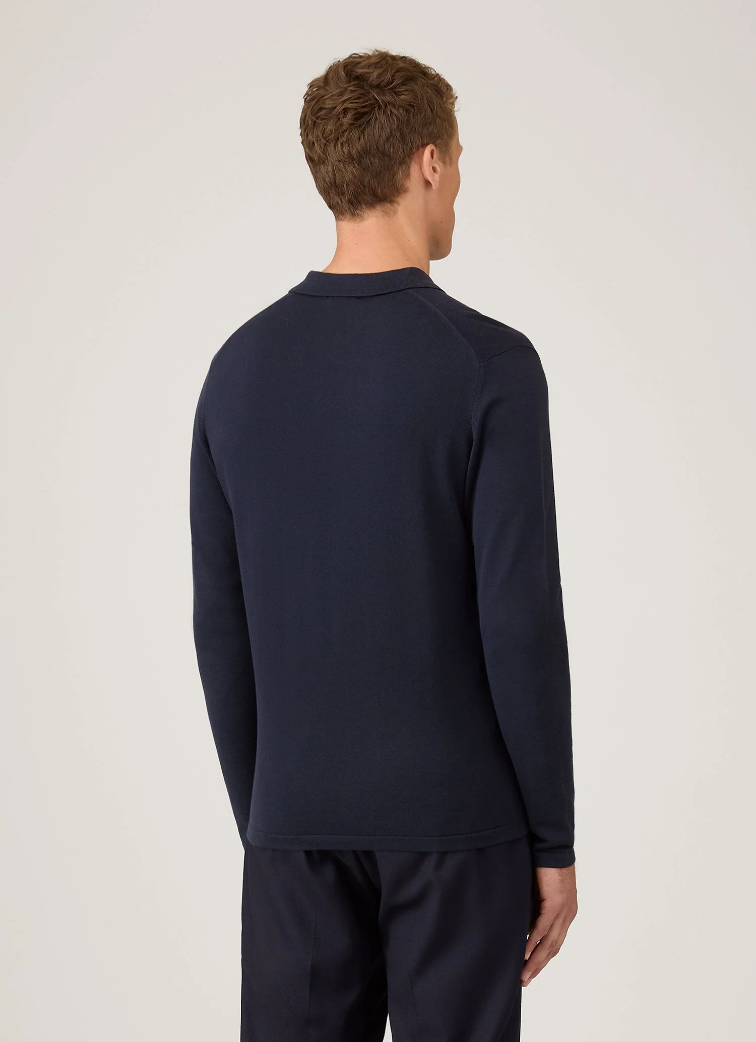 Men's Long Sleeve Sea Island Cotton Knit Polo Shirt in Light Navy - Image 5