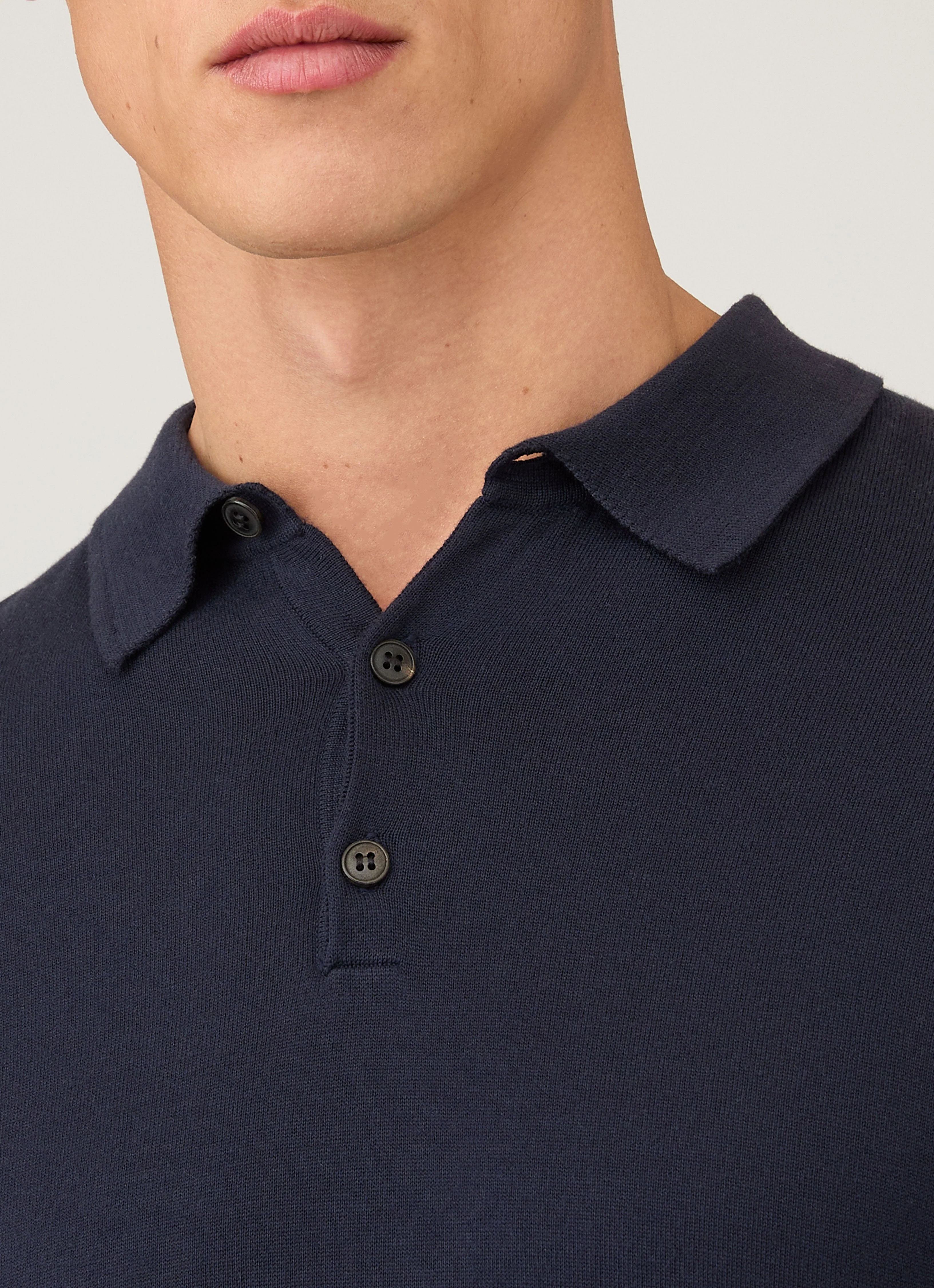 Men's Long Sleeve Sea Island Cotton Knit Polo Shirt in Light Navy - Image 6
