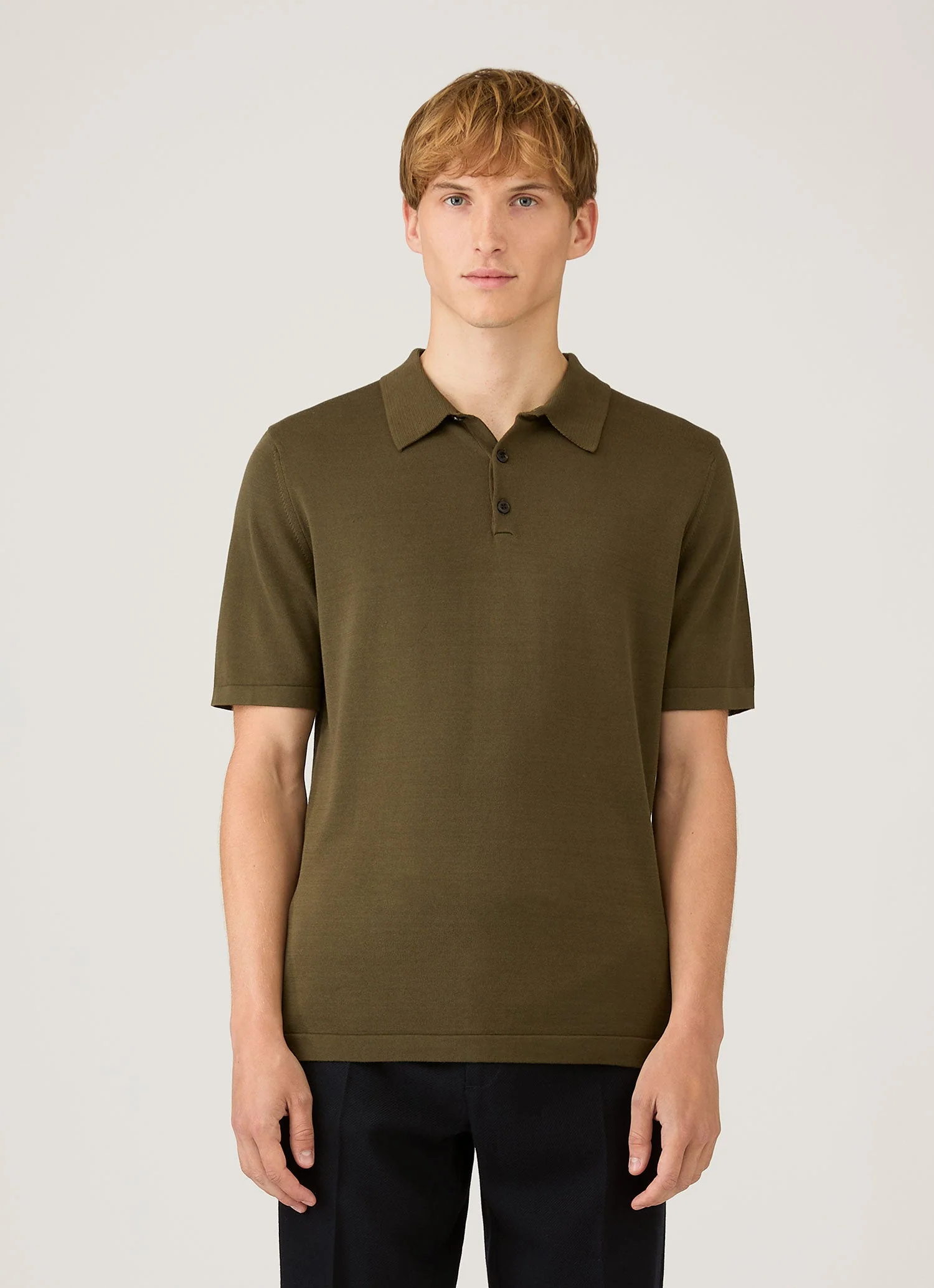 Men's Sea Island Cotton Knit Polo Shirt in Deep Olive - Image 2
