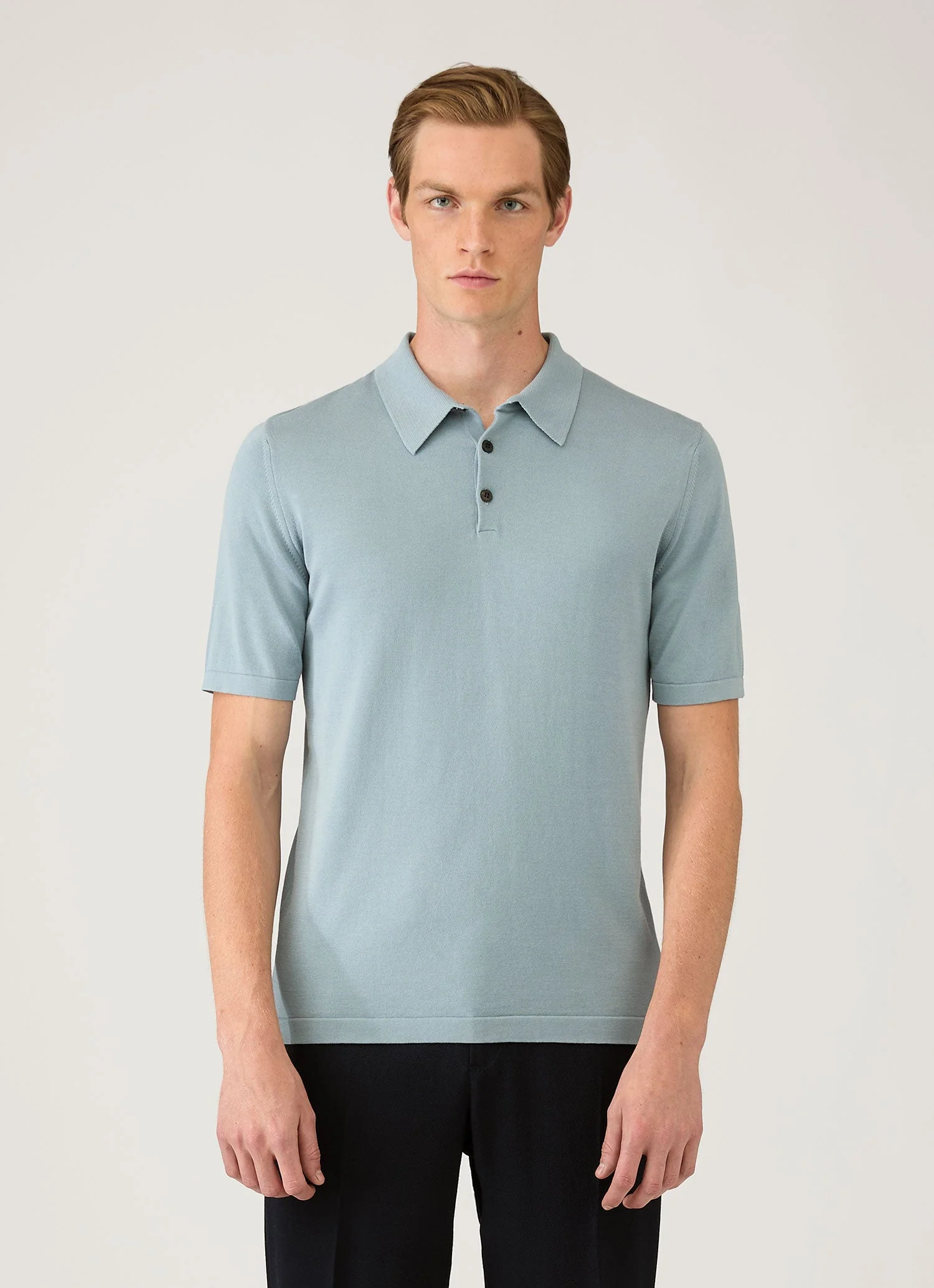 Men's Sea Island Cotton Knit Polo Shirt in Stone Blue - Image 2