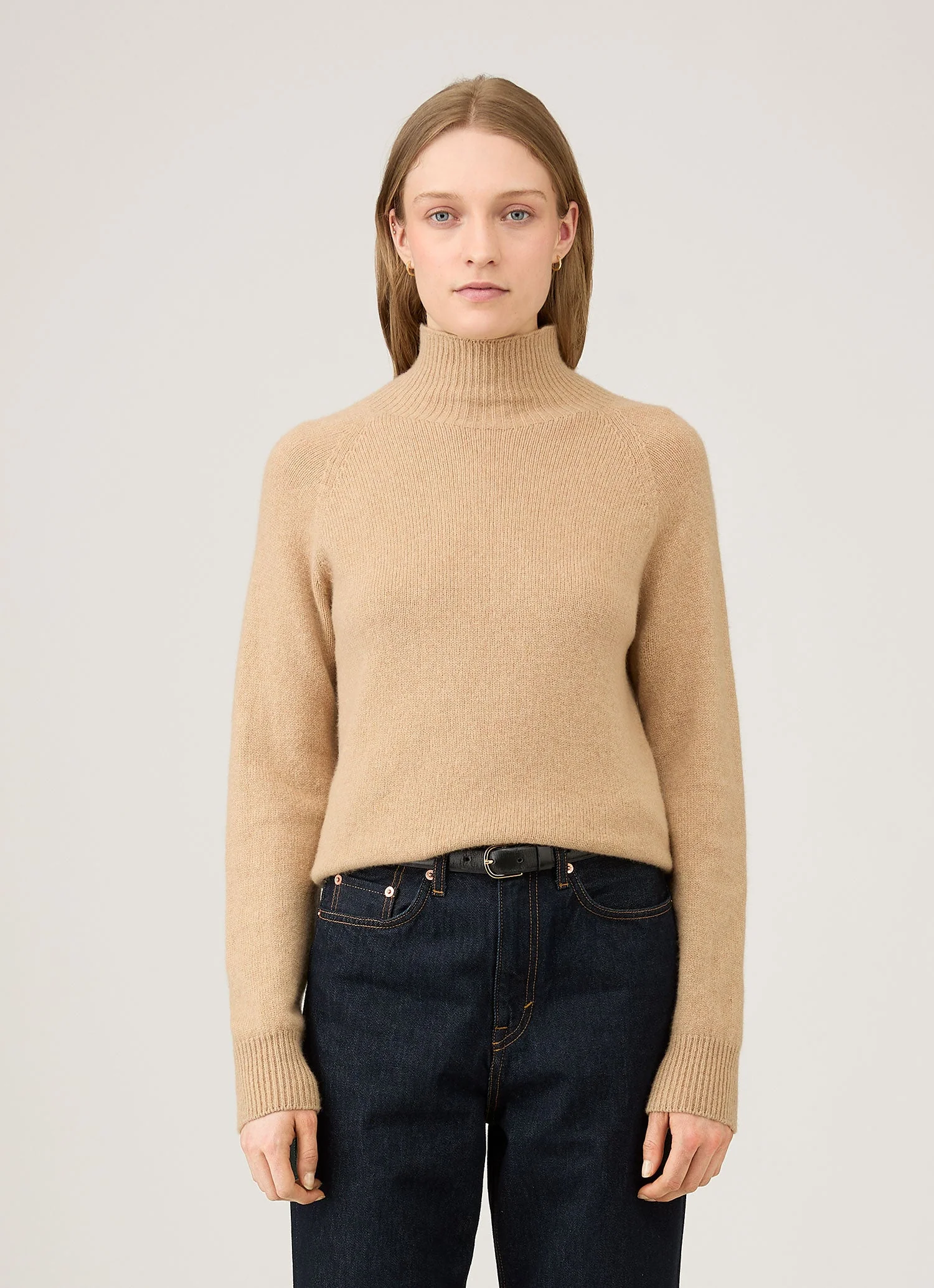 Women's Lambswool Funnel Neck Jumper in Light Camel