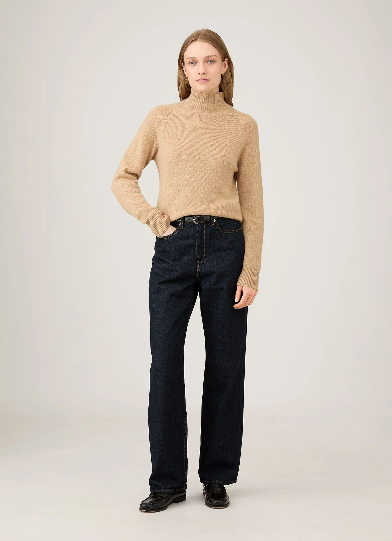 Women's Lambswool Funnel Neck Jumper in Light Camel - Image 2