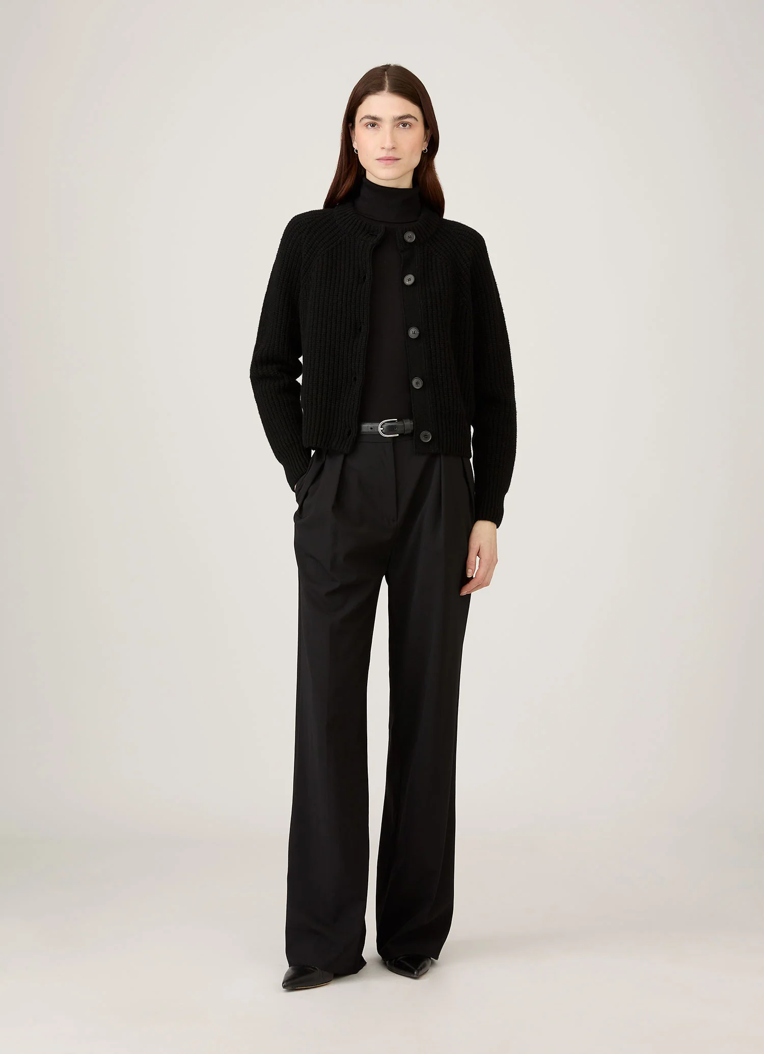 Women's Ribbed Crew Neck Cardigan in Black - Image 2