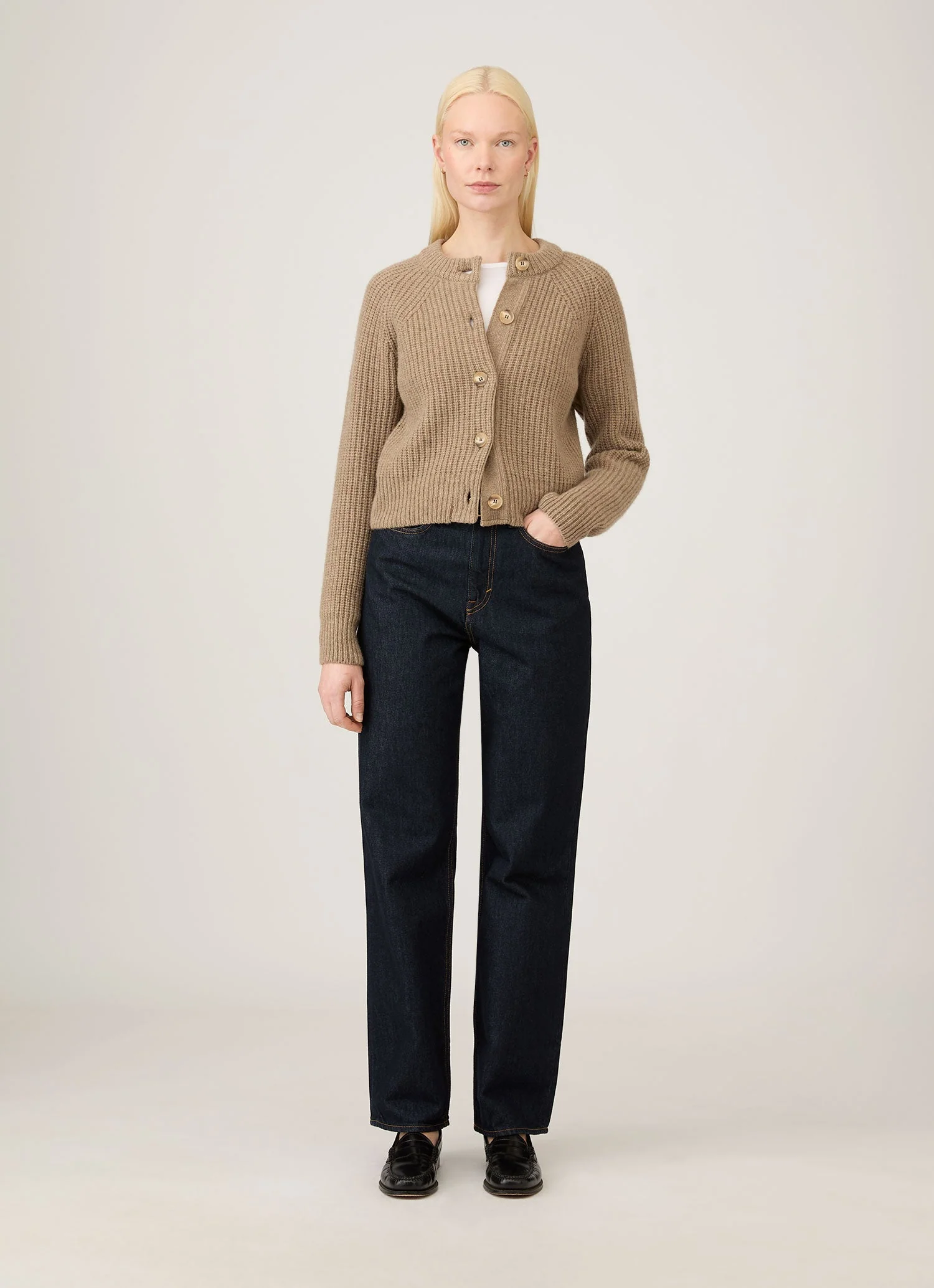 Women's Ribbed Crew Neck Cardigan in Mink - Image 2