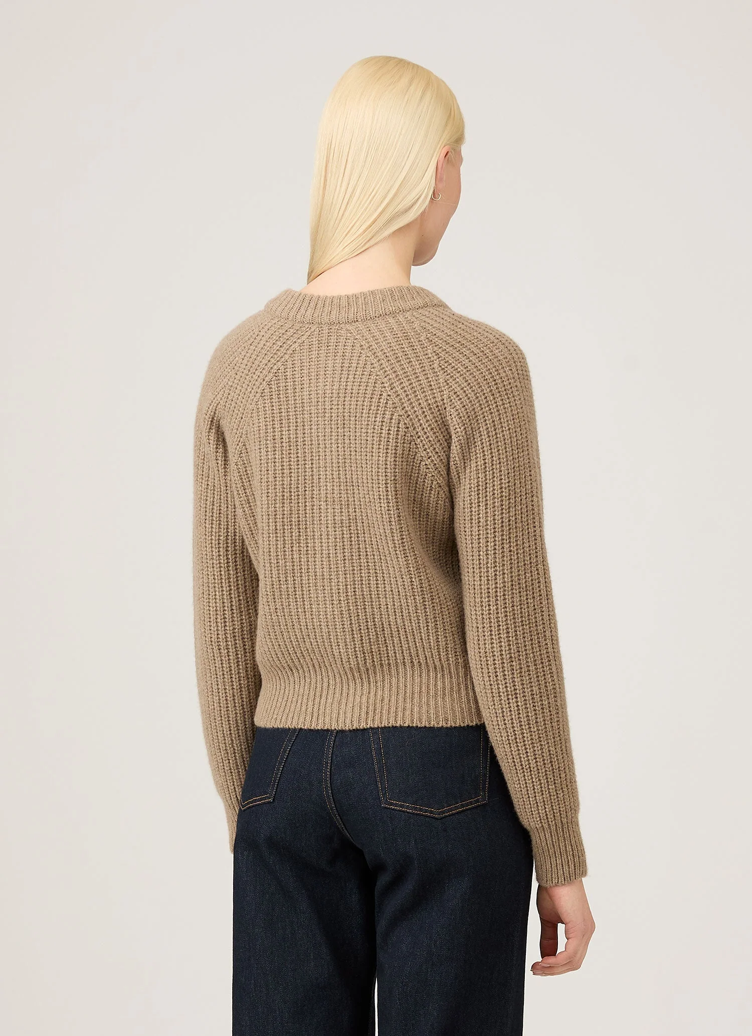 Women's Ribbed Crew Neck Cardigan in Mink - Image 3