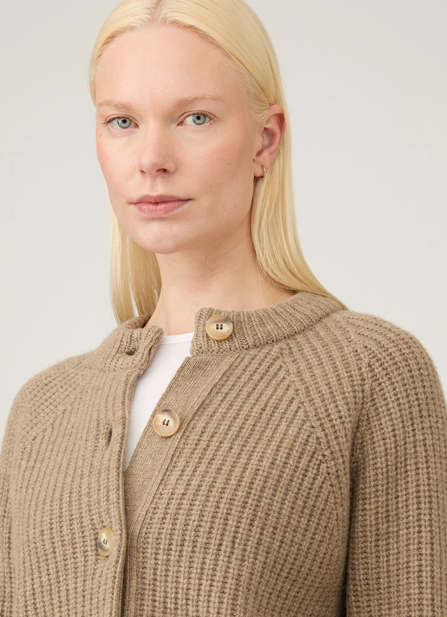 Women's Ribbed Crew Neck Cardigan in Mink - Image 4